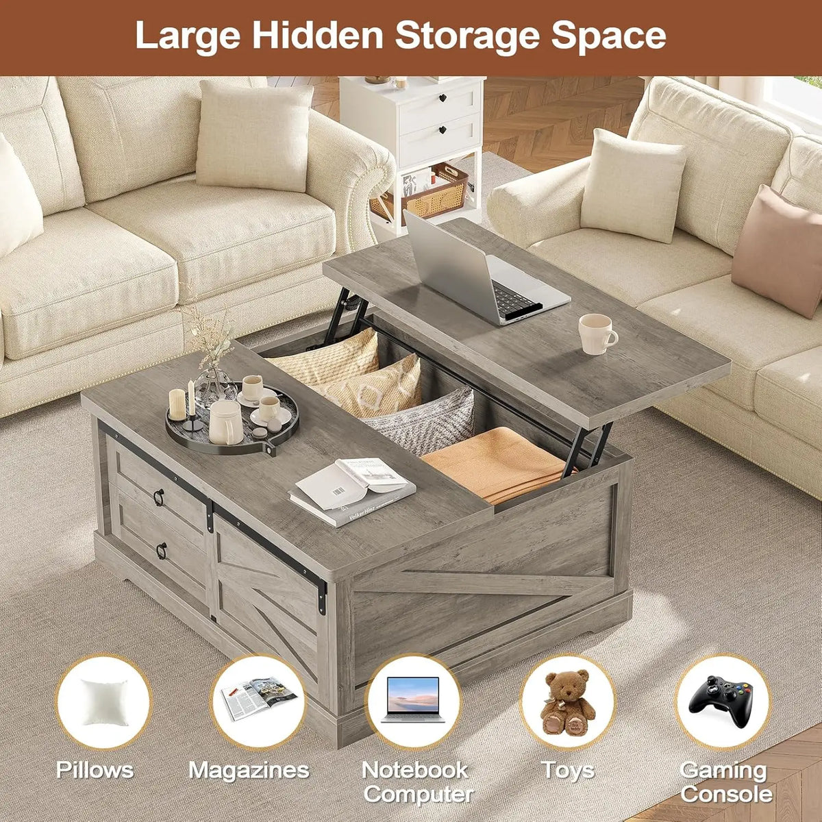 39.4in Lift Top Coffee Table Storage Hidden Compartment 2 Drawers Adjustable Shelf Living Room Gray Customized