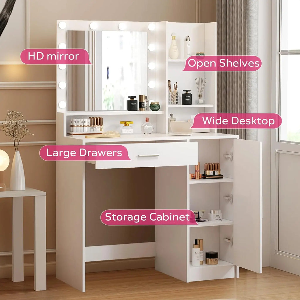 White Vanity Desk With Mirror Light Large Drawer Three Tier Storage Dresser Three Adjustable Lighting Modes Brightness Bedroom D