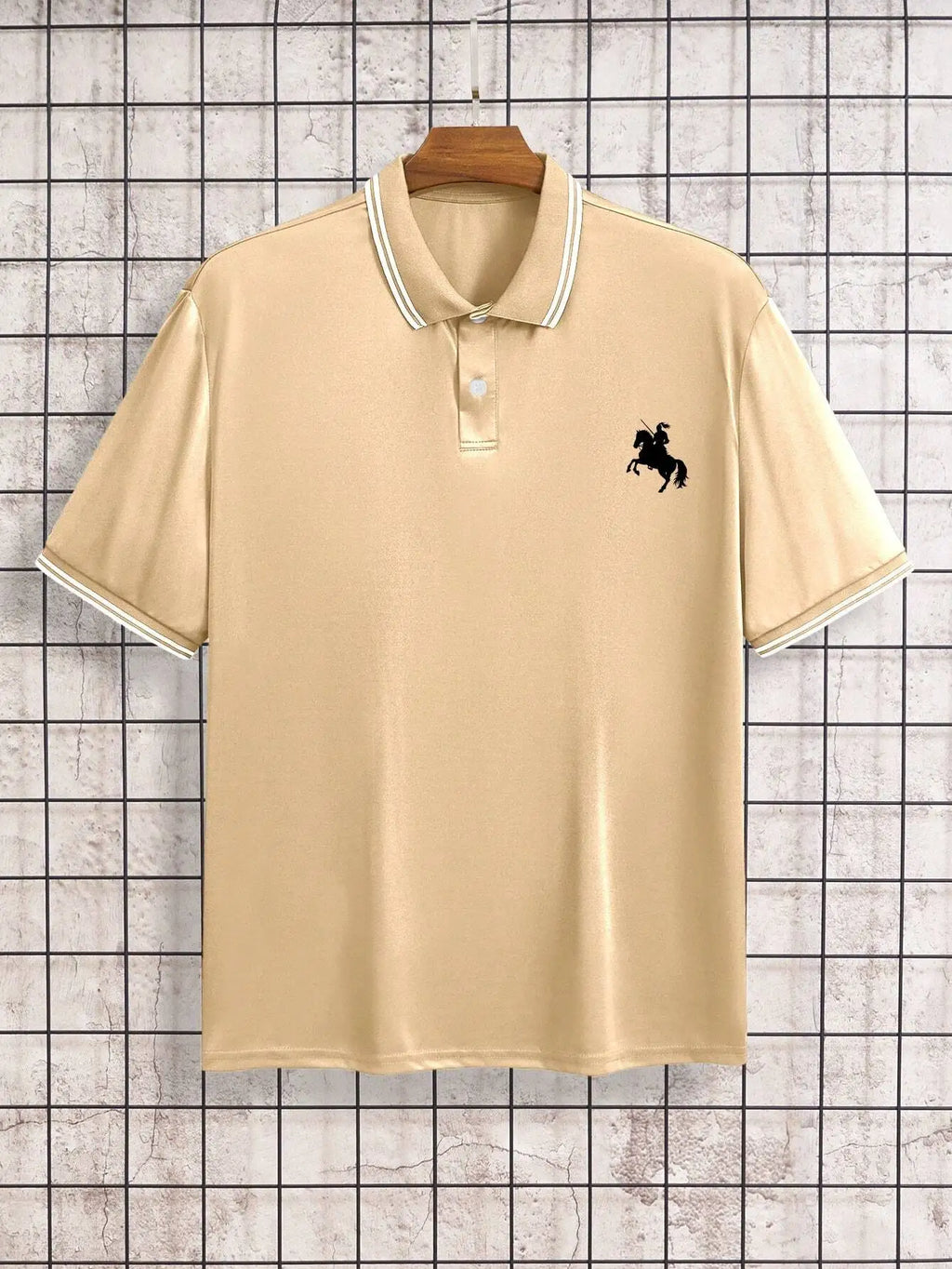 Men's Beige Short Sleeve Polo Shirt with Horse Rider Embroidery and Striped Trim