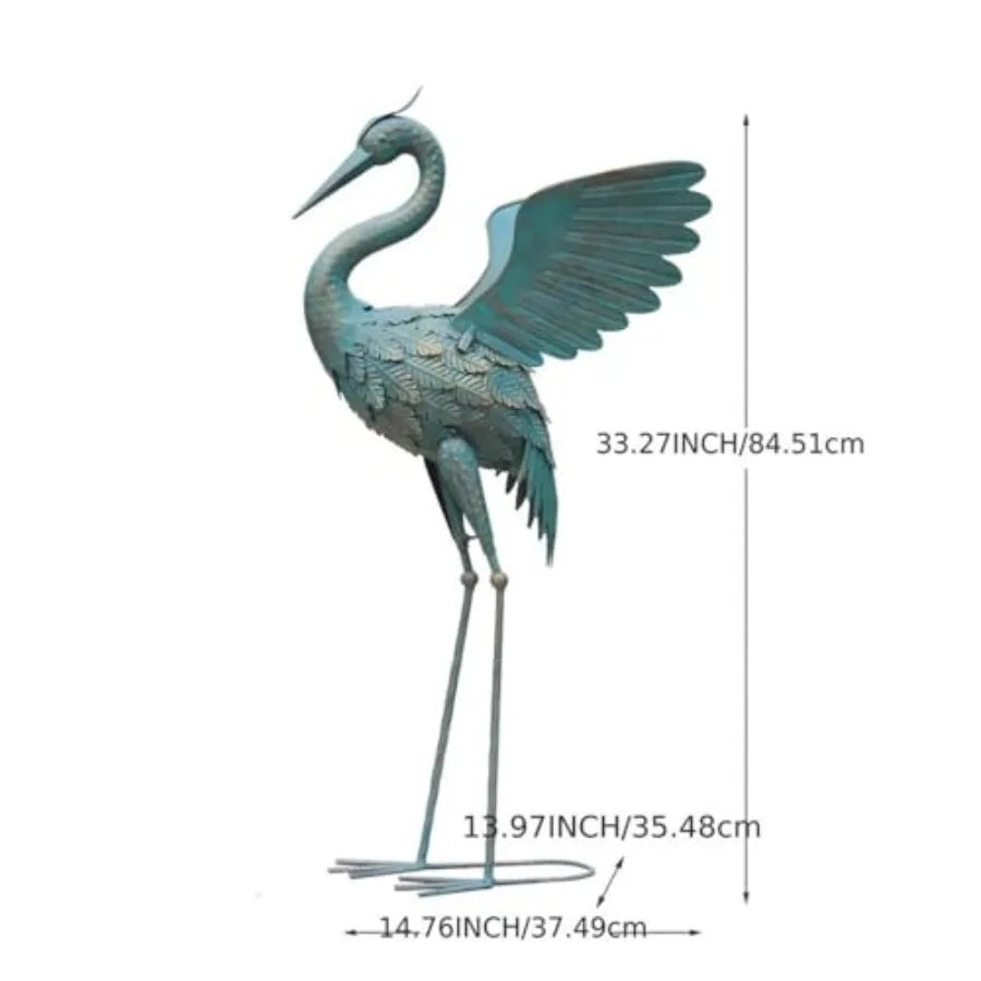 Modern Blue Metal Crane Garden Sculpture 33.37 in Height Weather-Resistant Finish Artistic Handcrafted Design Elegant Home or O