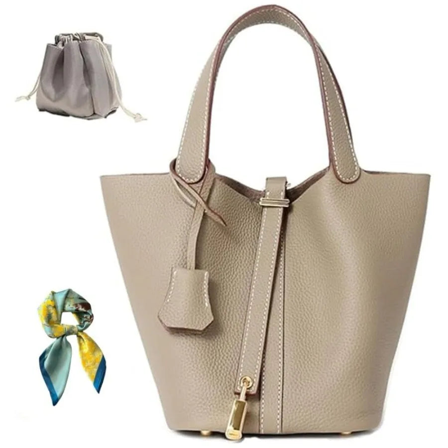 Genuine Leather Bucket Bag for Women: Lock Design Shoulder Handbag Versatile Top-Handle Tote Fashionable Vegetable Basket