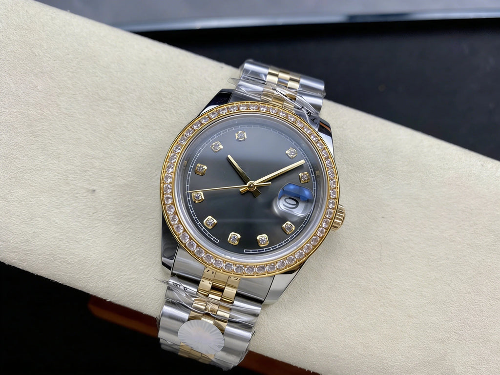Customized luxury women's watch, featuring a 36mm dial, scratch-resistant sapphire crystal, stainless steel strap, and fully au