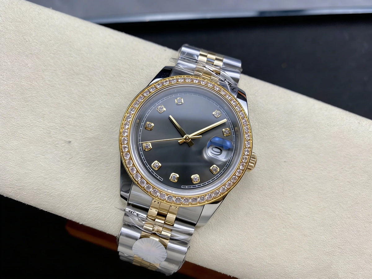 Customized luxury women's watch, featuring a 36mm dial, scratch-resistant sapphire crystal, stainless steel strap, and fully au