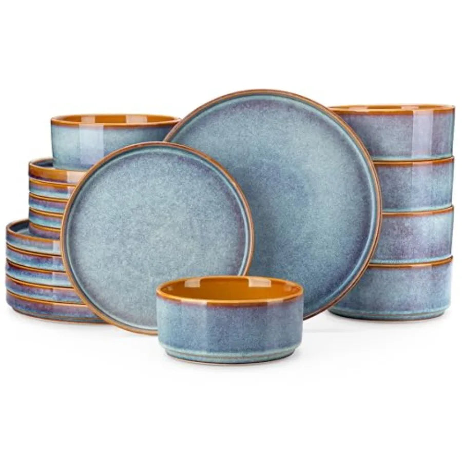ONION Ceramic Plates and Bowls Sets 18 Pieces Blue Dinnerware for Kitchen Reactive Glaze Dishes Set for 6 Dishwasher and Microw