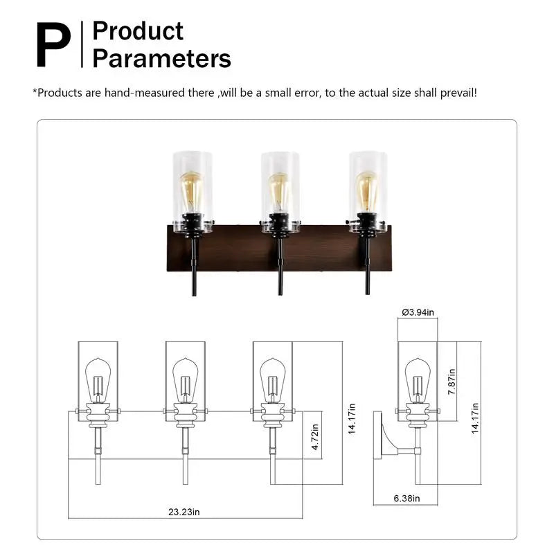 3-Light Matte Black and Wood Vanity Light Fixture, Modern Bathroom Lighting with Glass Shade for Mirror, Kitchen, Dining Room,