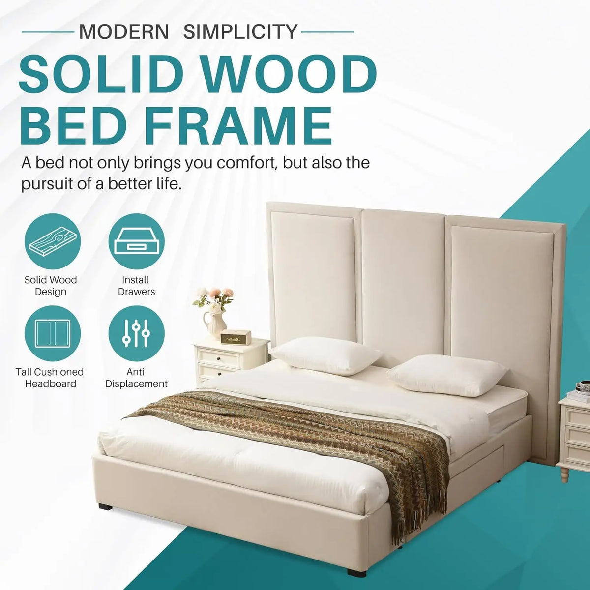 King Size Upholstered Platform Bed Frame with High Headboard Storage Drawers Wood Slat Support No Noise, Customized