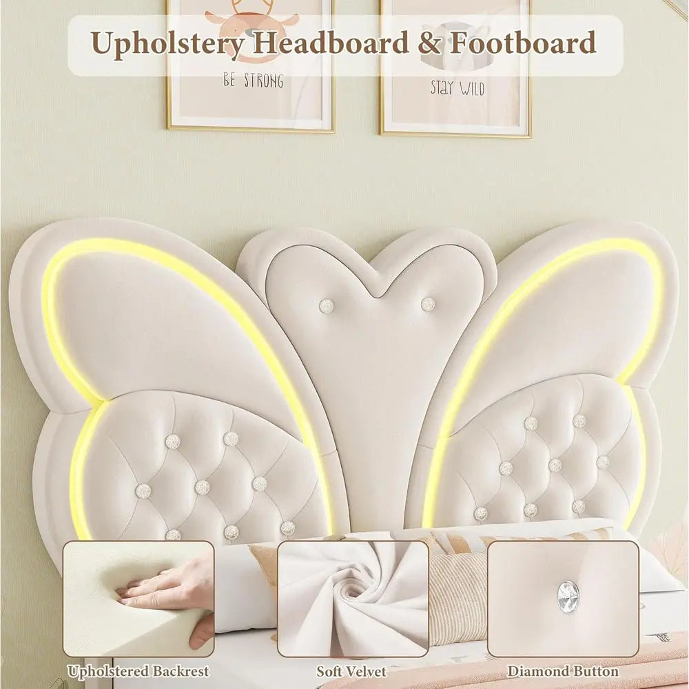 Modern Butterfly Upholstered Twin Bed Frame with LED Lights, Button Tufted Headboard, Footboard, Slats Support, No Box Spring Ne