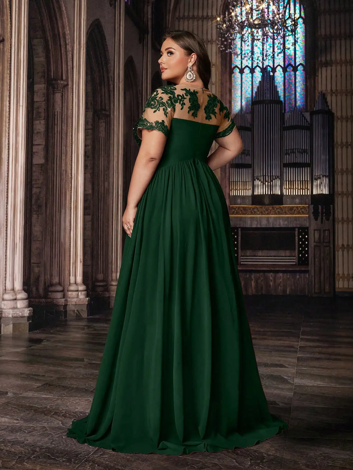 Plus Size Women Solid Green Sequined Applique Short Sleeve Floor Length Gown Dress