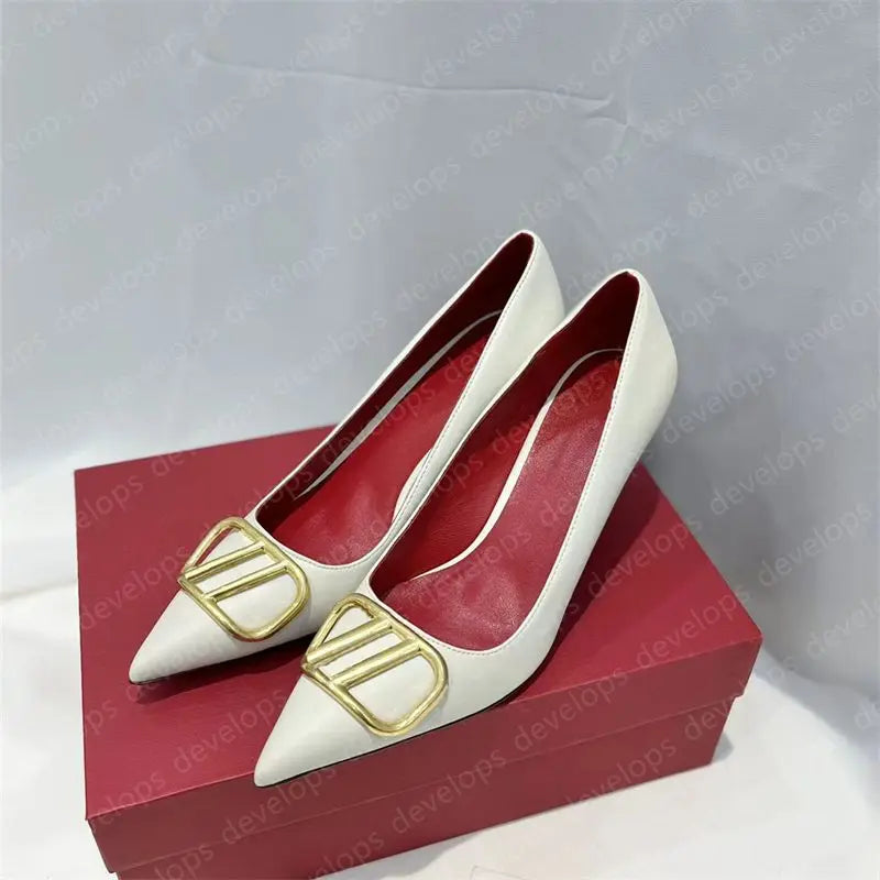 High heels designer sandals classics metal buckle pointed toe thin heel summer valentinolies luxurys brand genuine leather woman
