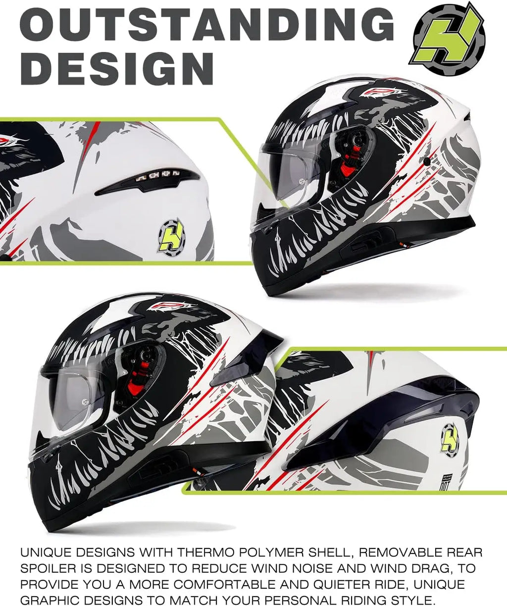 Full Face Motorcycle DOT Approved Helmet with Dual Rear Wing and Pinlock Ready-Lightweight and Durable Motorbike Street Bike Hel