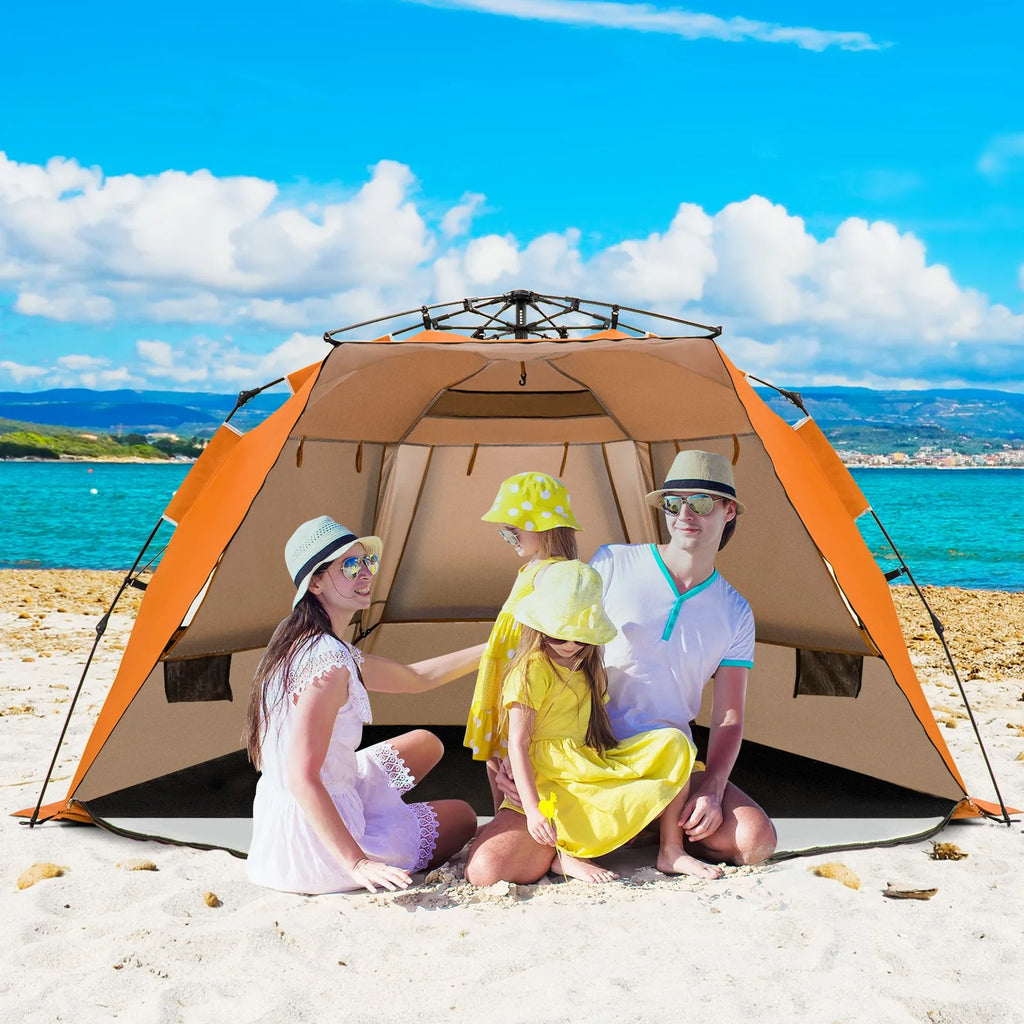 Instant Pop-up Beach Tent w/ Zippered Front Porch & 3 Large Mesh Windows Orange