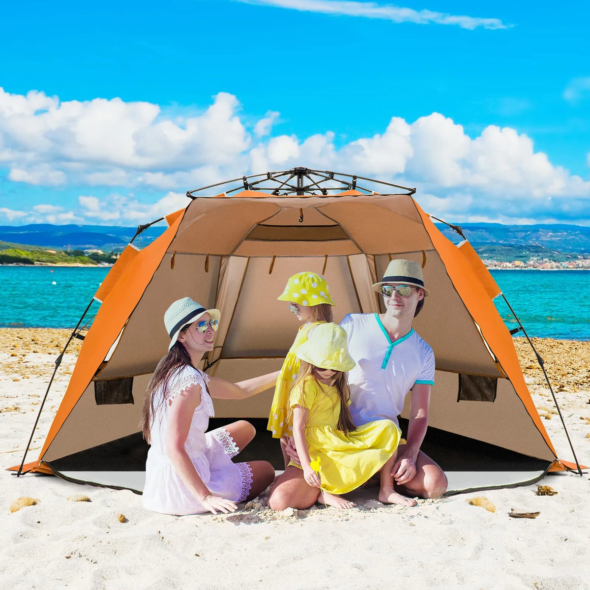 Instant Pop-up Beach Tent w/ Zippered Front Porch & 3 Large Mesh Windows Orange
