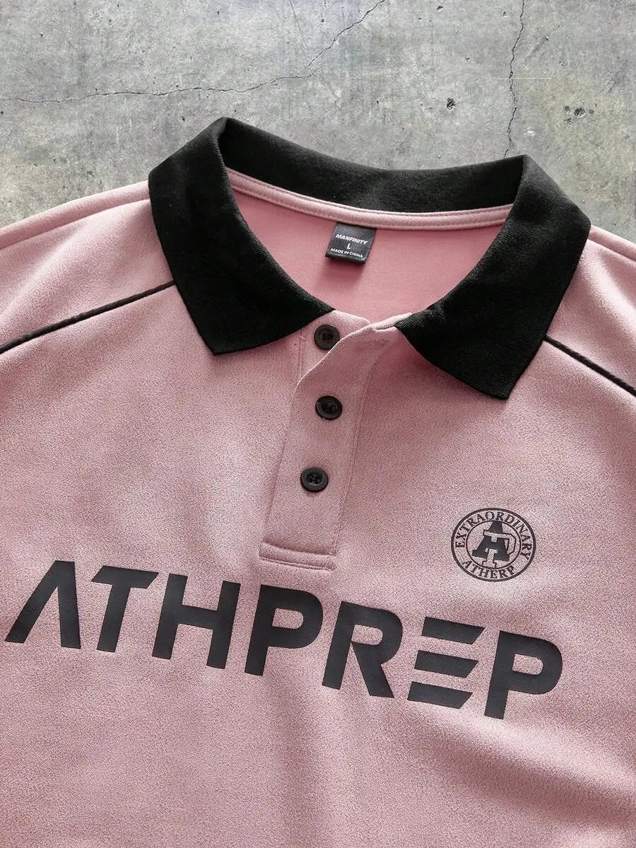 Men's Loose Fit Printed Short Sleeve Polo Shirt in Pink with Contrast Trim