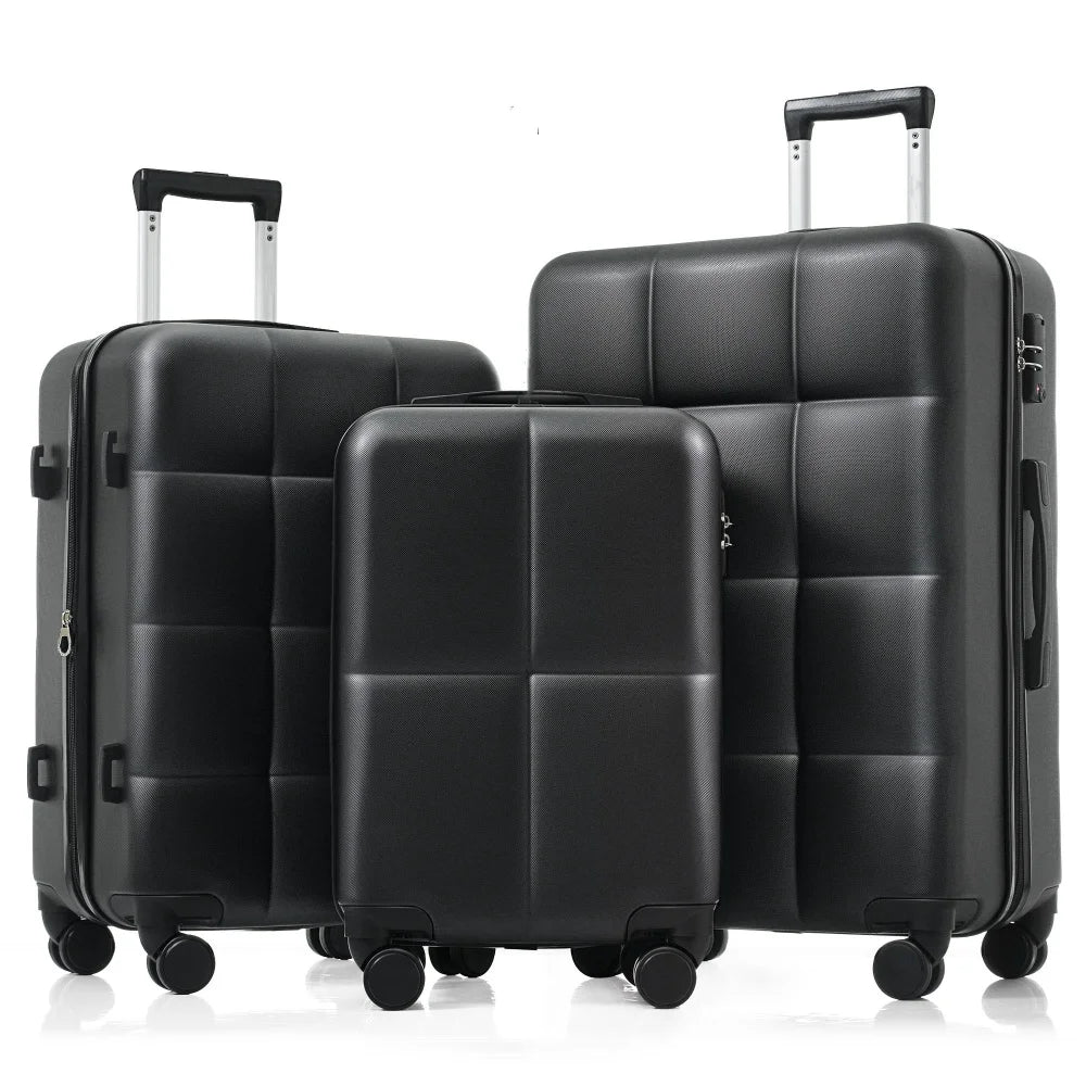3 Piece Airline Certified Carry-on Luggage Set Cup Holder ABS Hard Shell Spinner Wheels Black Travel Suitcase