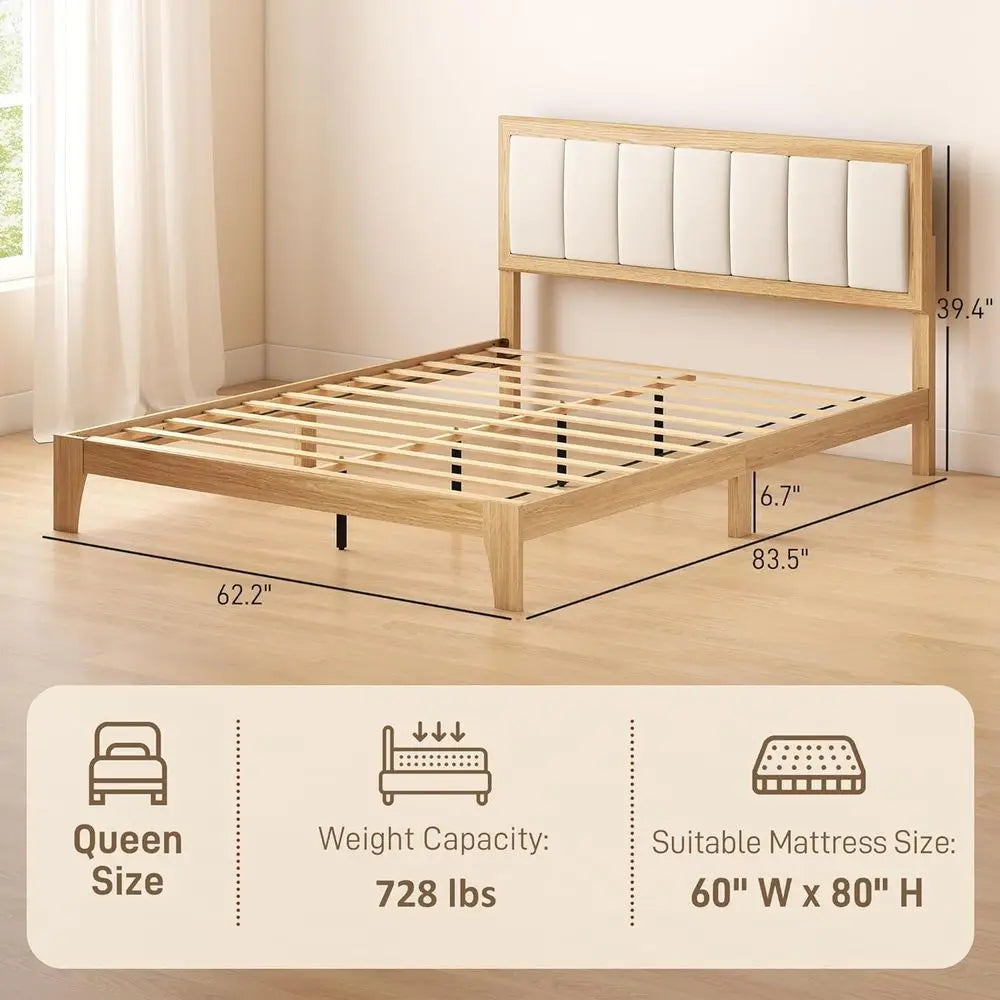 Queen Size Upholstered Platform Bed with Wooden Slats, No Box Spring Needed, Easy Assembly, Natural