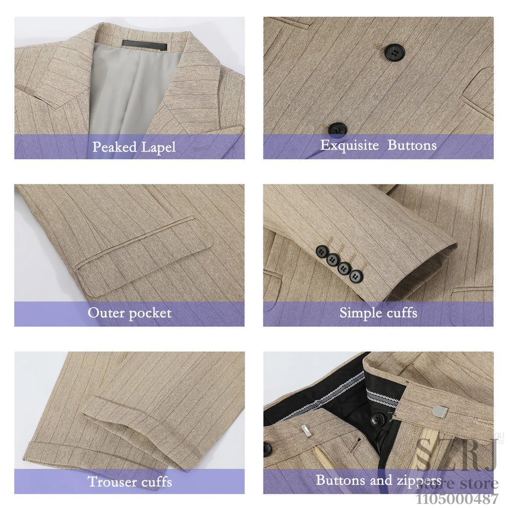Men's 5-piece vertical striped suit+double button jacket+pants+white shirt+black tie, suitable for wedding/business/daily wear