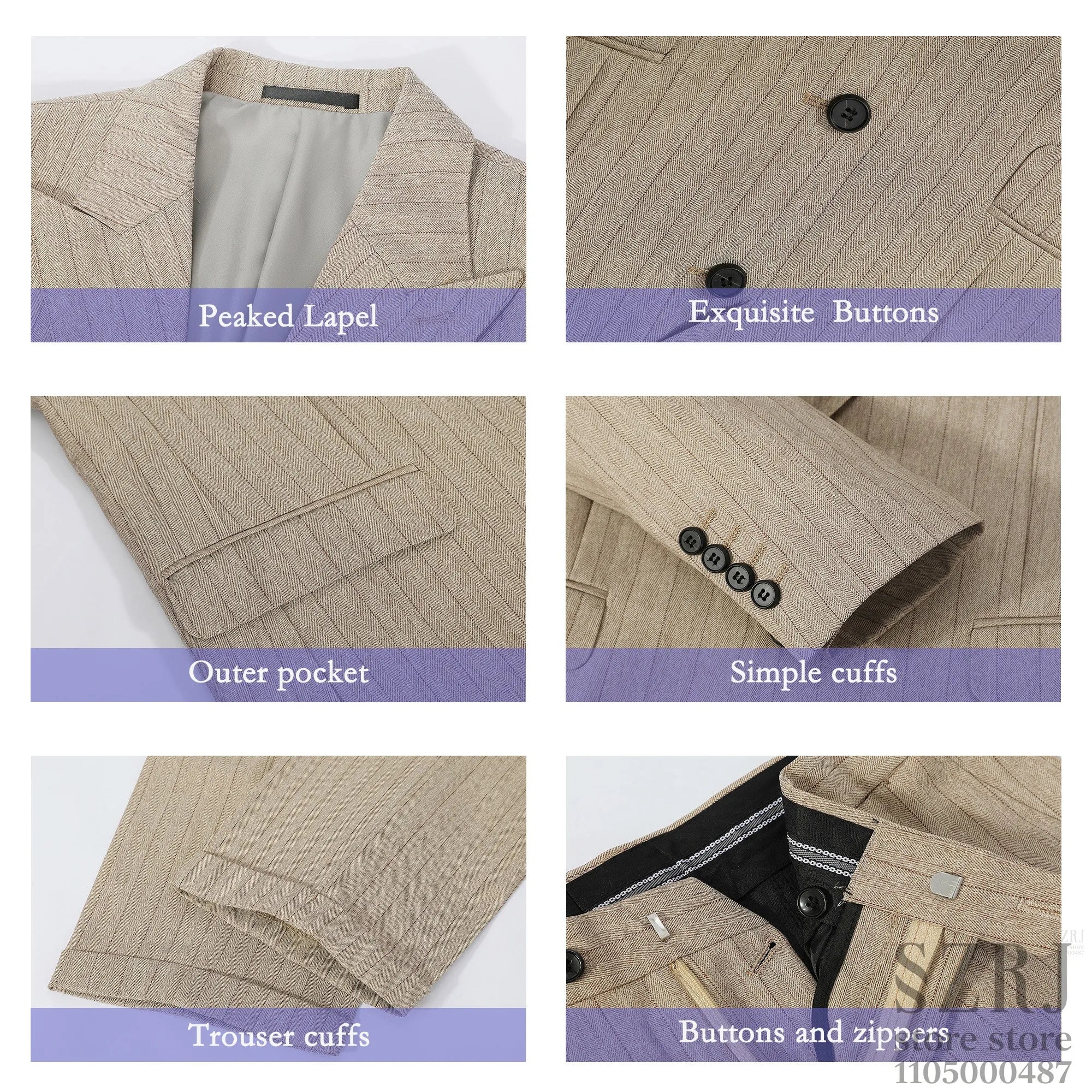 Men's 5-piece vertical striped suit+double button jacket+pants+white shirt+black tie, suitable for wedding/business/daily wear