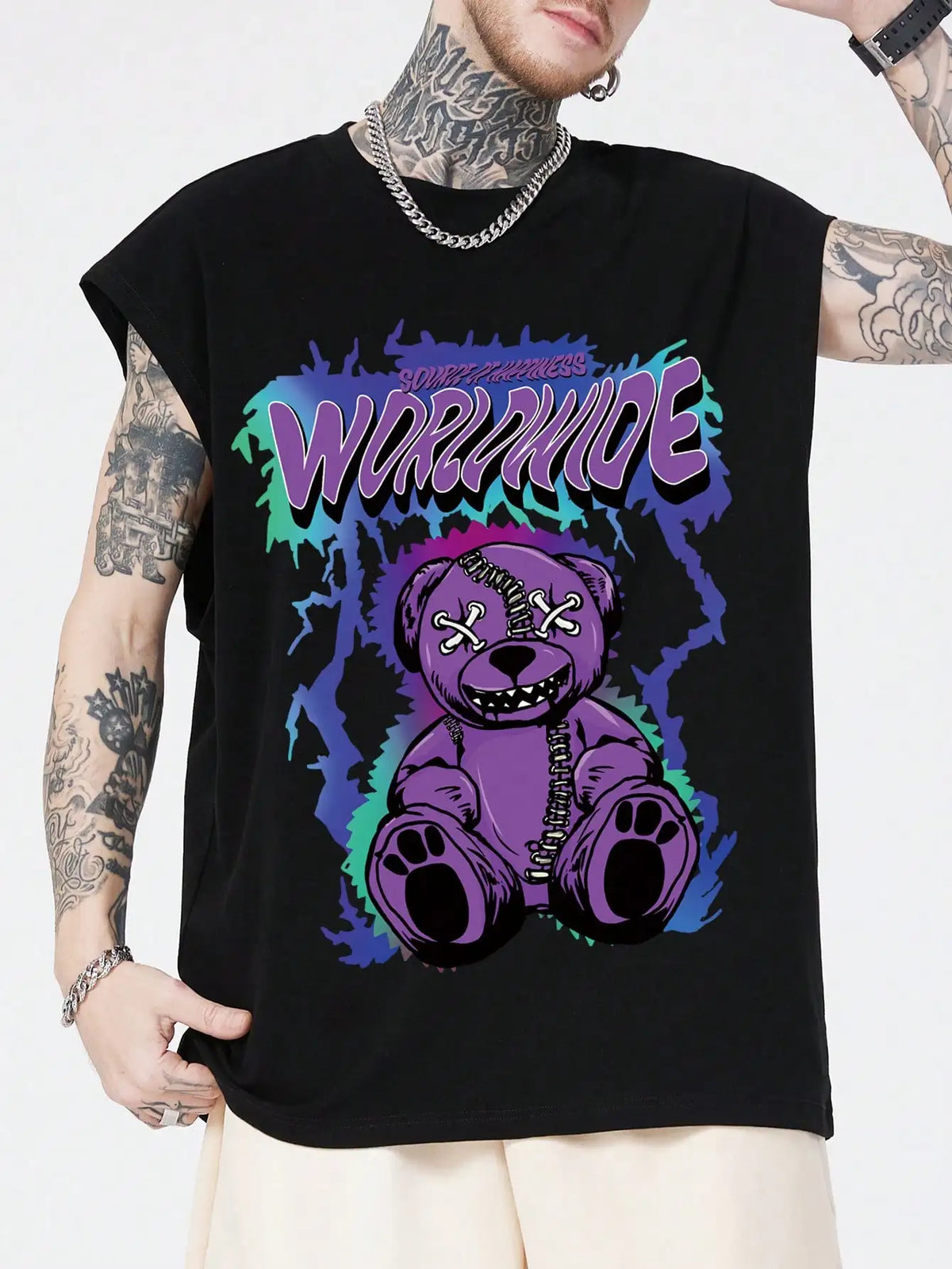 Men's Black Sleeveless Graphic Tank Top with Purple Stuffed Bear Print, Gothic Punk Style