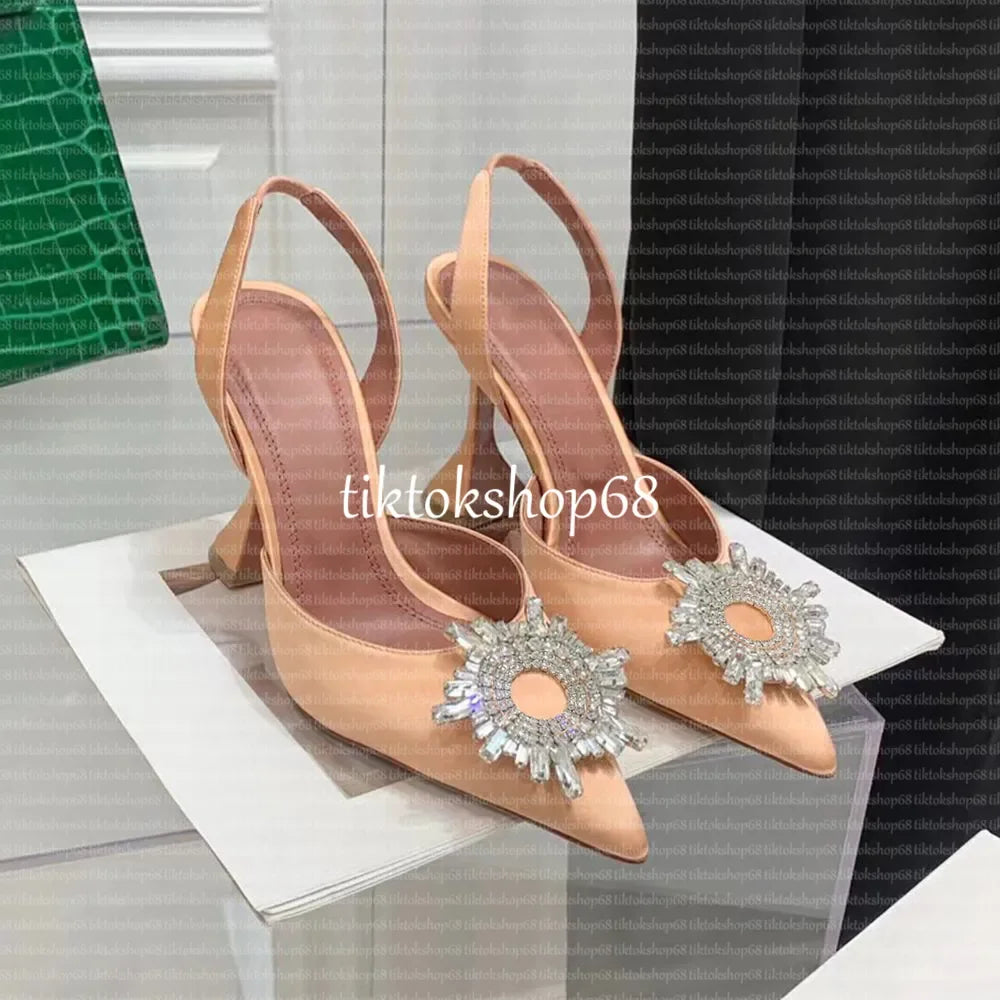 Amina muadii heels designer sandals womens wedding dress shoes satin pointed slingbacks bowtie pumps crystal sunflower flower hi