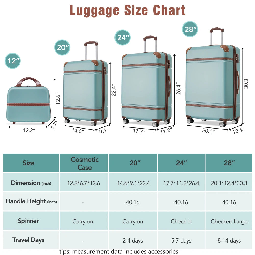 20/24/28 Inch 4PCS Hardshell Luggage Set with Cosmetic Bag Lightweight Spinner Wheels TSA Lock Travel Luggage