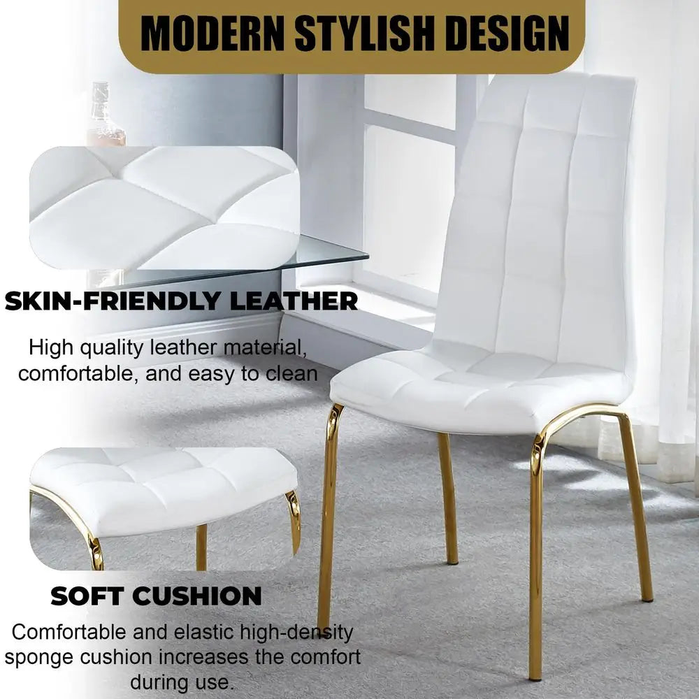 Glass Dining Table Set, Round Kitchen Table Set for 4 with Gold Glass Table and 4 White Faux Leather Upholstered Dining Chair fo