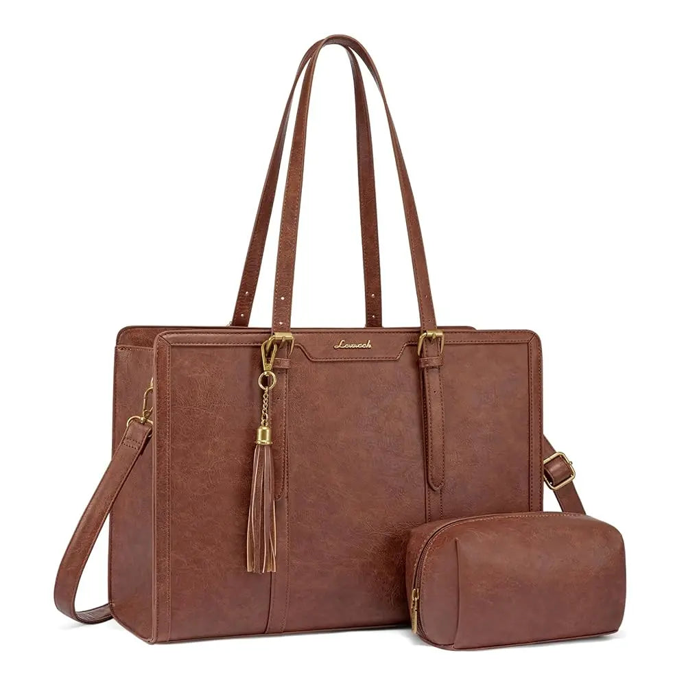 Laptop Bag for Women Vintage Leather Work Tote 15.6 inch Large Capacity Computer Bag with Clutch Purse for Teacher,Office,Ca