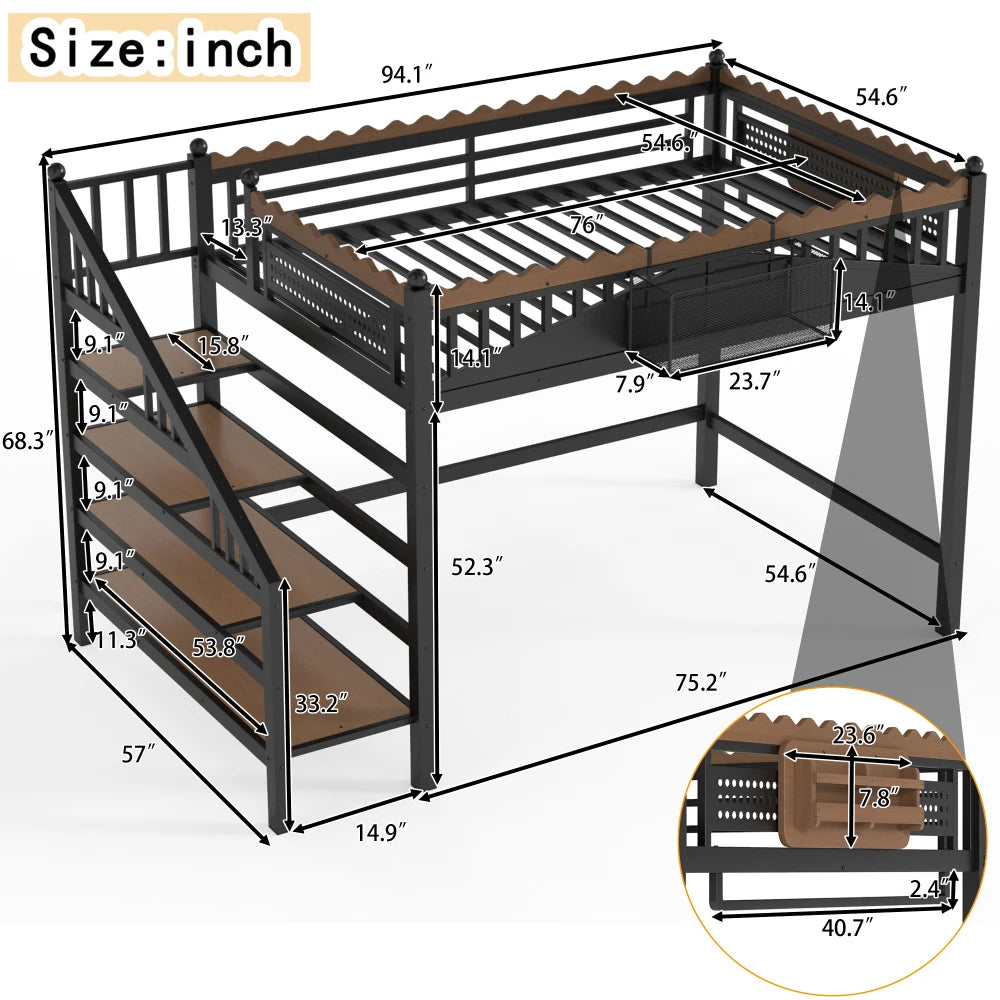 Full Size Loft Bed with Storage Stairs, Metal Loft Beds Frame with Storage Shelves and bookshelf, Loft Bed for Bedroom, Guest