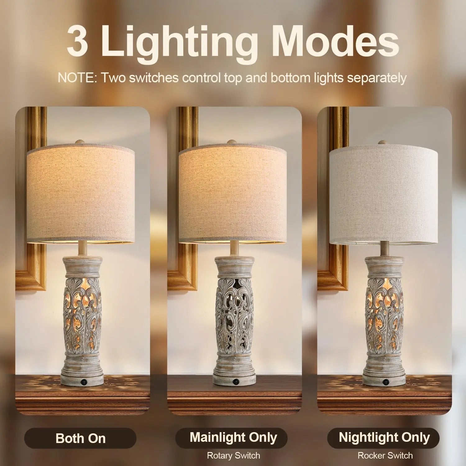 27.25" Rustic Farmhouse Table Lamps Set of 2 - Vintage Bedside Lamps with Night Light & USB Ports, Bulbs Included