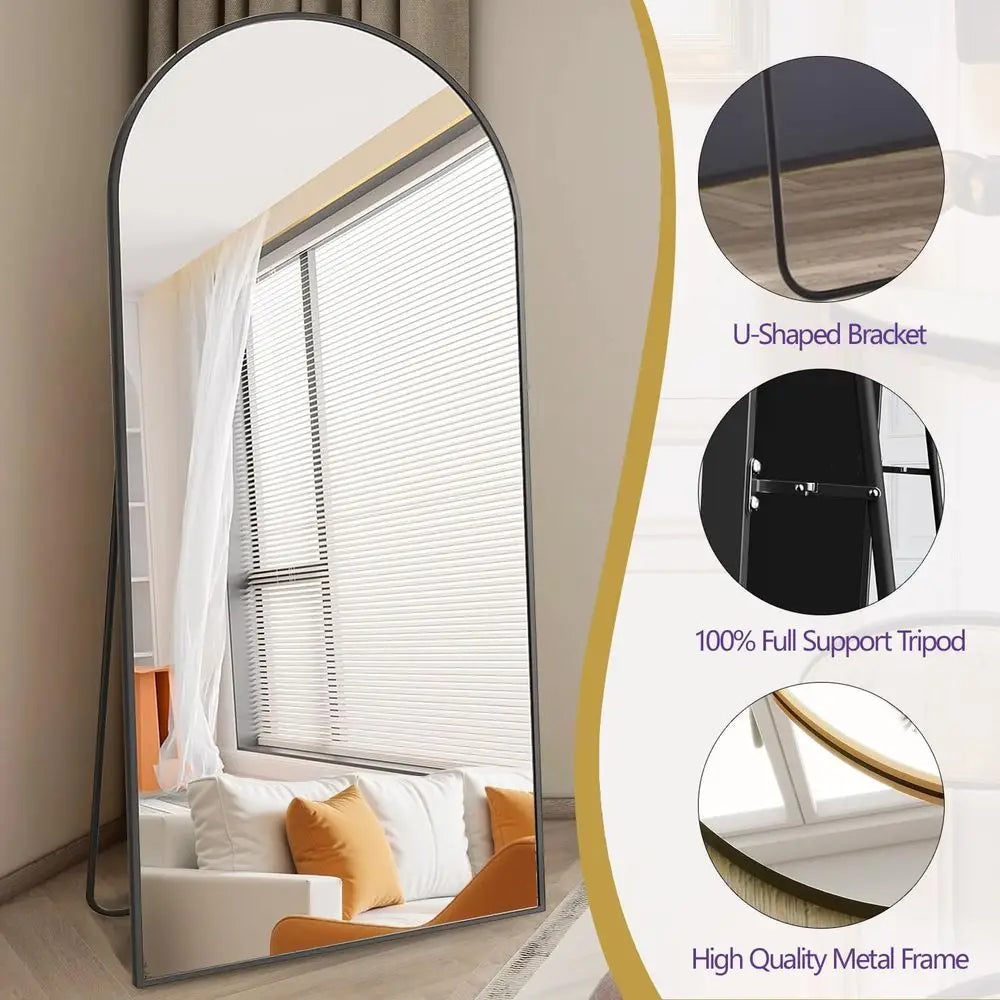 76 Arched Wall Mirror with Stand, Full-Length, for Bedroom or Dining Room, Black