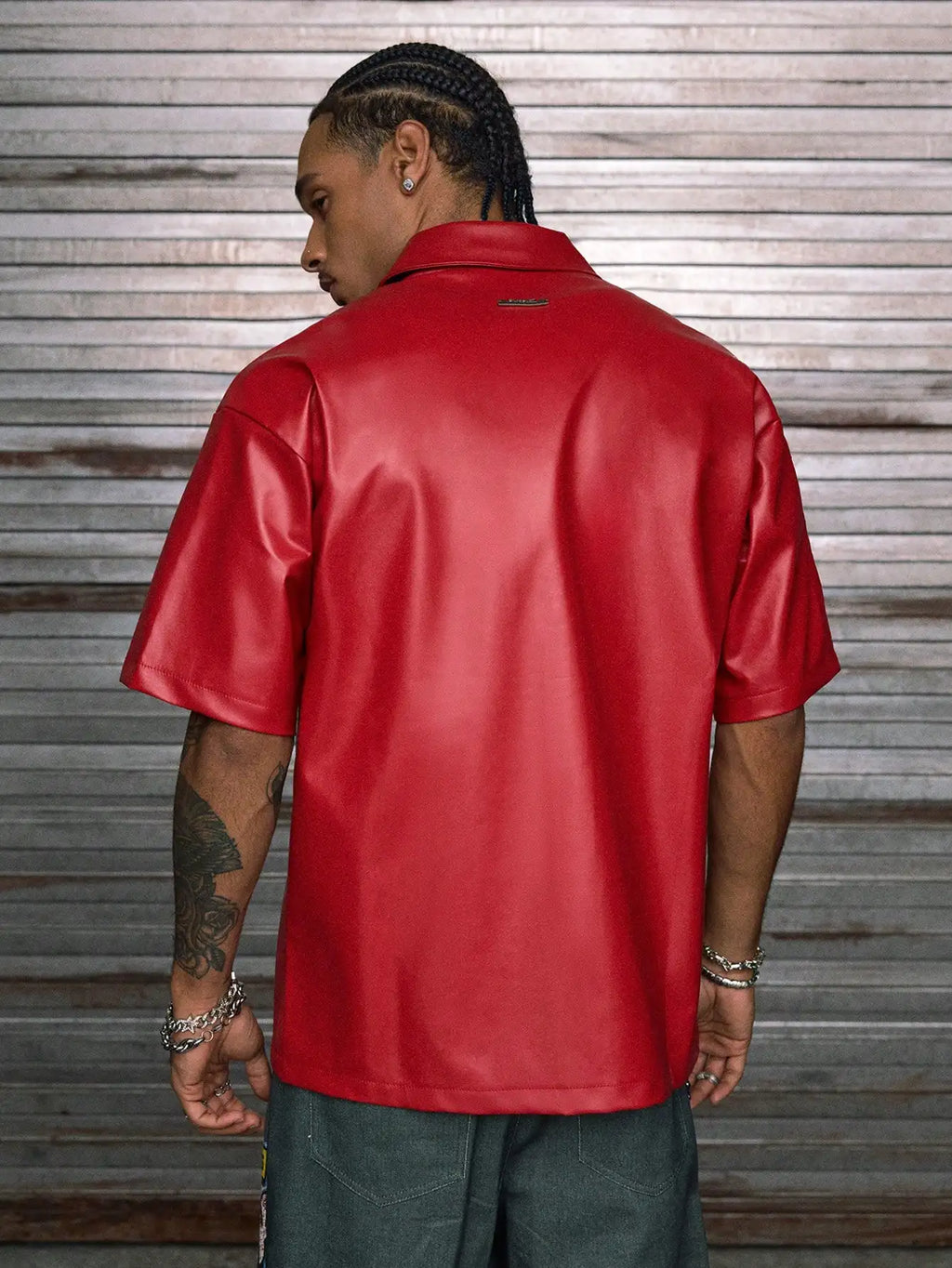 Men's Red PU Leather Short Sleeve Button-Up Shirt with Embossed Letter Design