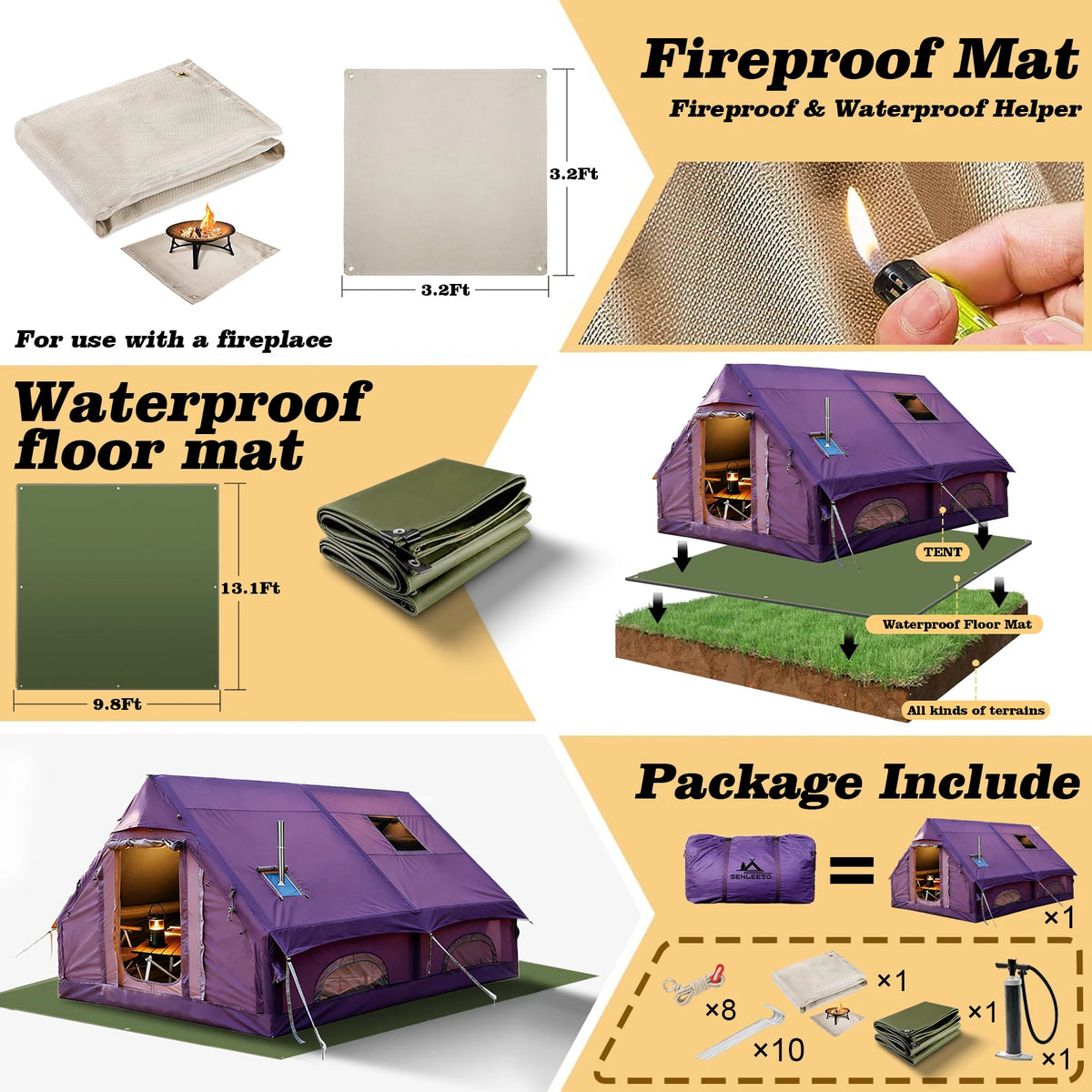 129 Square Feet Purple Inflatable Tent 6-8 Person for Camping,4 Season Easy Setup Waterproof Oxford Air Tent House with Tarp