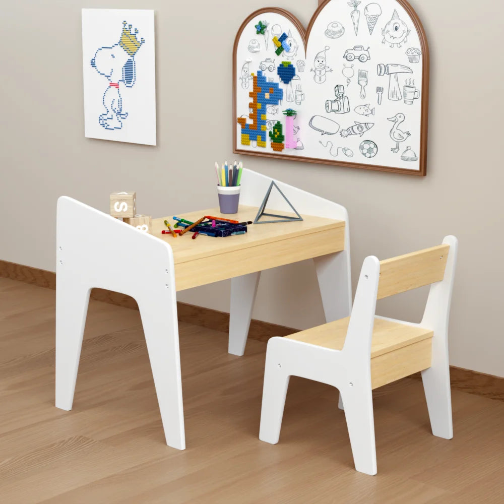 Kids Table Set with One Chair, Wooden Children Study Table, 2-8  Age Kids Funiture , White+Natural