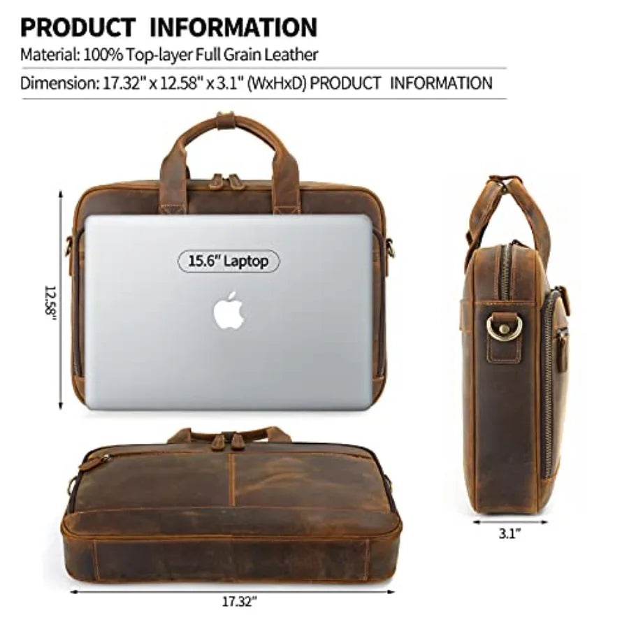JackChris Full Grain Leather Briefcase for Men Business Messenger Bag Laptop Bag Attache Case Fits 15.6 Inch Laptop Brown Premi
