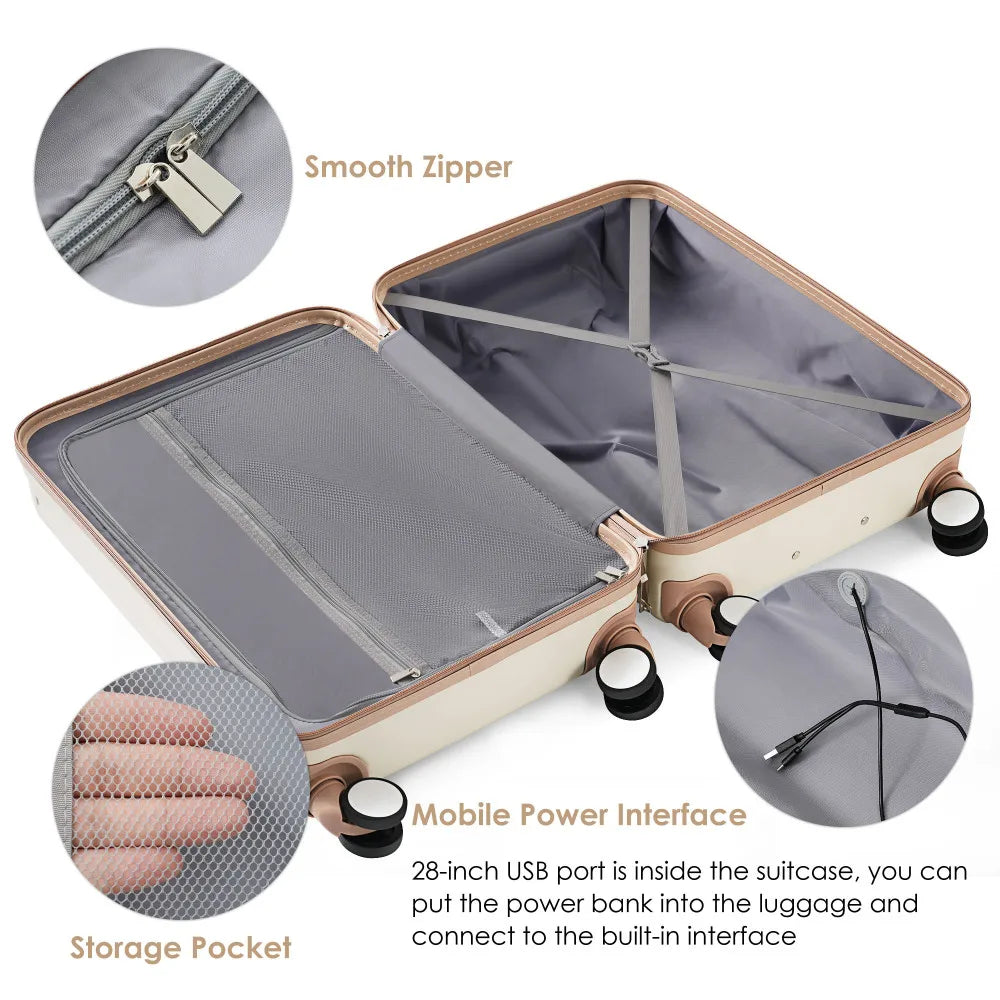 Luggage Set of 3 20 24 28inch with USB Port 20 24inch Front Opening Design Airline Certified Carry on Luggage with Cup Holder