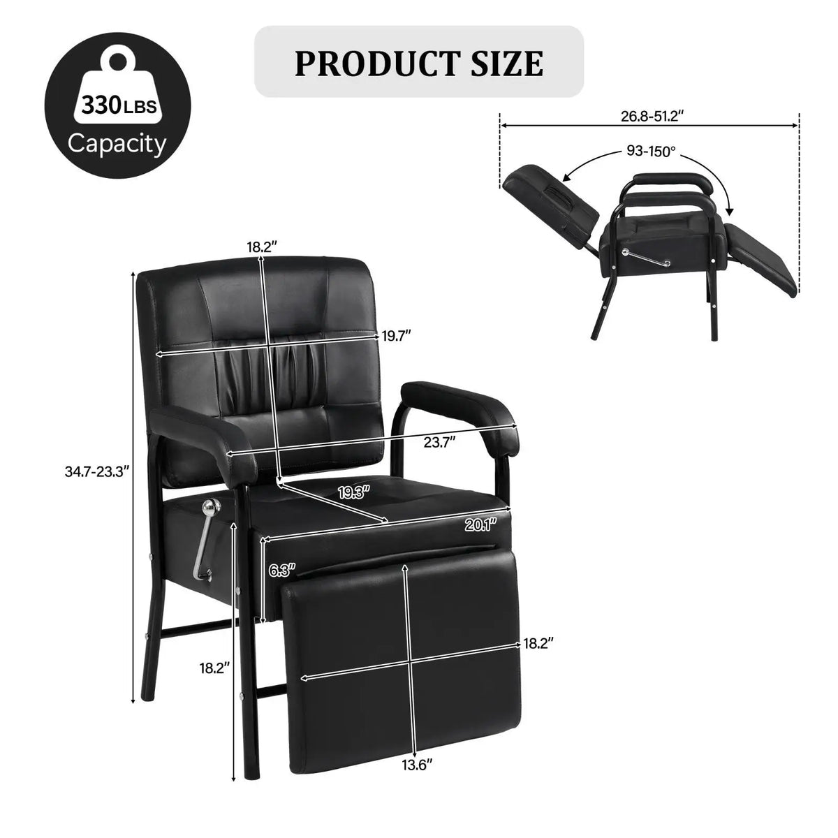 Adjustable Reclining Shampoo Chair with Footrest Black PU Leather Salon Equipment for Hair Salon Use