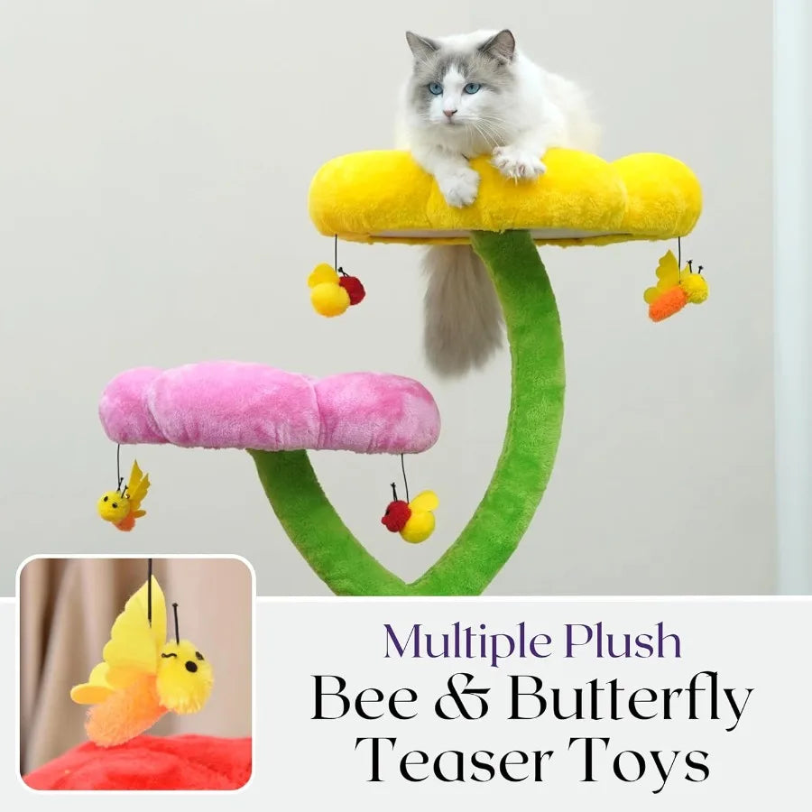 5-Level 40 Colorful Garden Style Cat Tree with Flower Perches Leaf Hammock Fruit Condo Natural Sisal Scratching Post Bee Toys P
