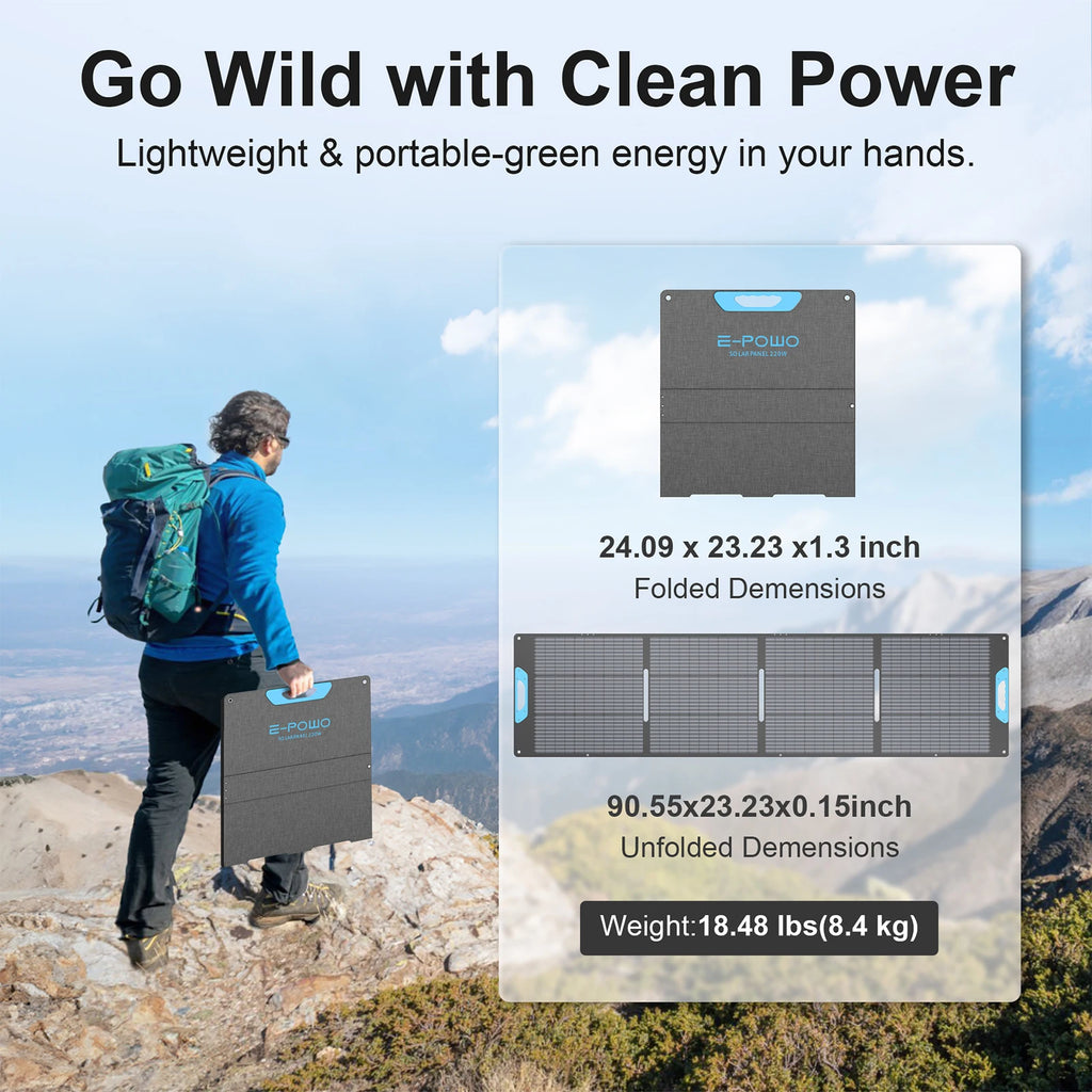 E-POWO 220W / 110W Portable Solar Panel 23.5% High Efficiency ETFE Foldable Solar Panel Charger With USB / USB C / MC4 Output