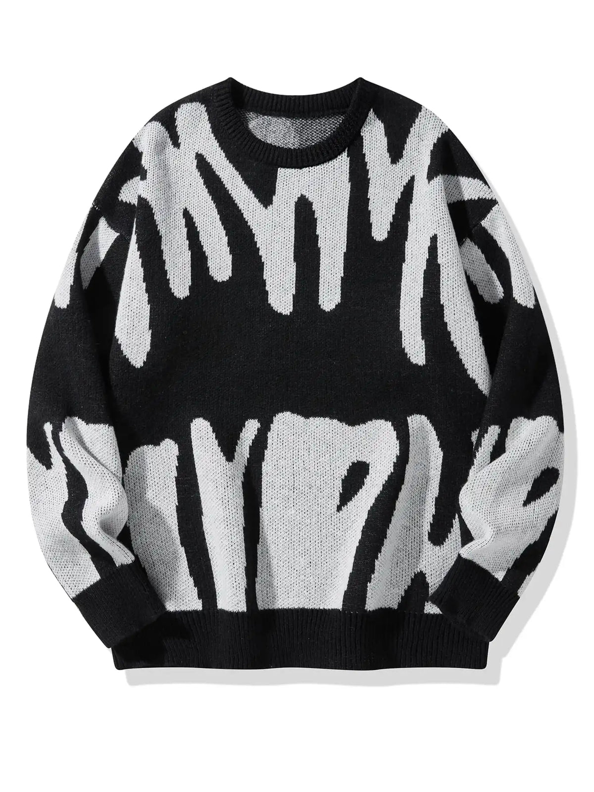 Men's Oversized Graphic Knit Sweater with Bold Black Pattern, Fall Winter Casual Wear
