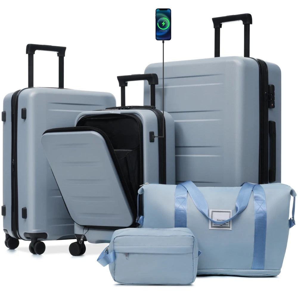20/24/28" Hardside Front Opening Expandable Luggage Set 5PCS with Double Spinner Wheels USB Port TSA Lock