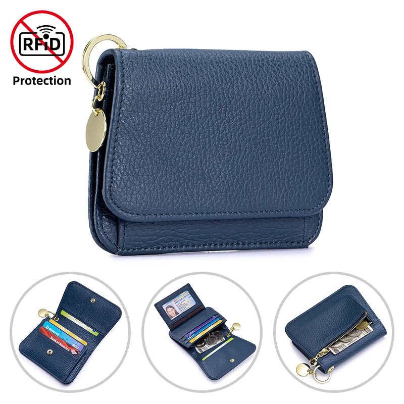 Women Genuine Leather Slim TriFold Wallet Credit Card Holder With Zipper Coin Pouch, ID Window & Keychain