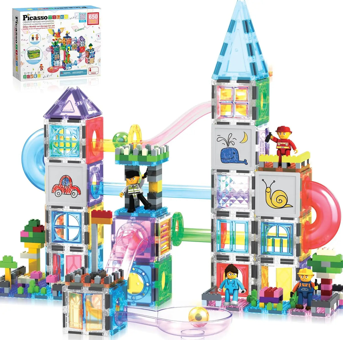 650PCS Magnetic Marble Run Tiles and Brick Combo Magnet Tile Building Blocks Magnet Set with Character Action Figures Educationa