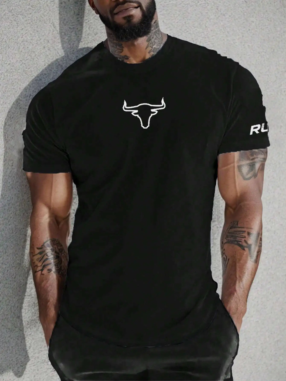 Men's White Crew Neck Short Sleeve T-Shirt with Bull Head Graphic Print, Breathable Fit for Gym & Casual Wear
