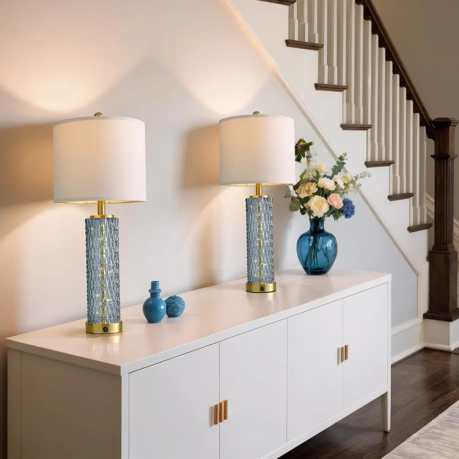 Set of 2 Blue Modern Table Lamps with LED Night Light, USB Ports for Living Room and Bedroom (Bulbs Included)