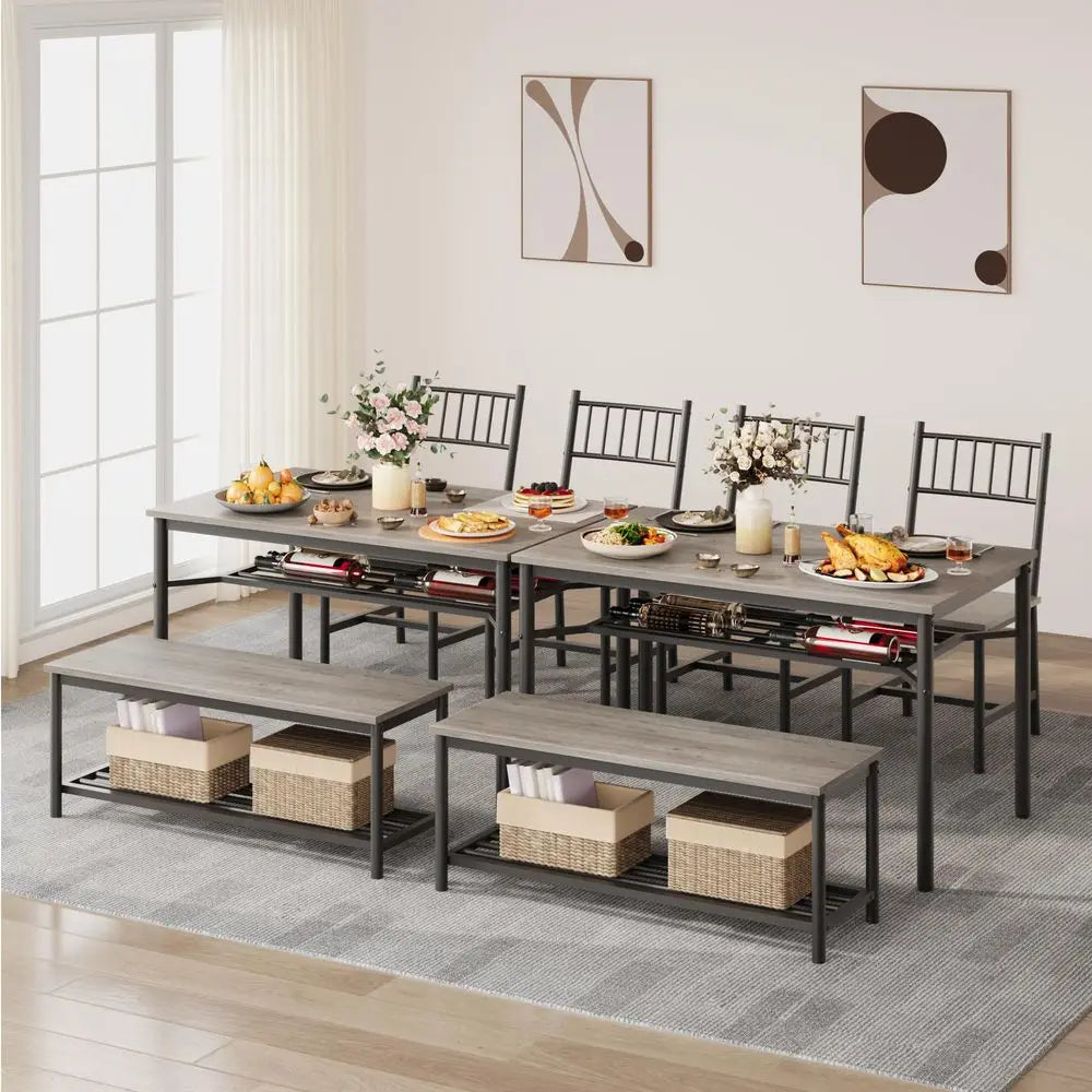 Dining Table Set for 4 with Bench and Chairs, 4Piece Kitchen Table Set with Storage SpaceSaving Dining Table for Apartments and