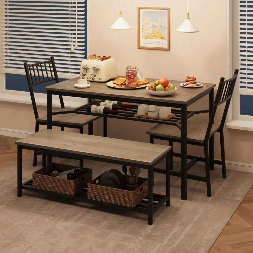 Dining Table Set for 4 with Bench and Chairs, 4Piece Kitchen Table Set with Storage SpaceSaving Dining Table for Apartments and