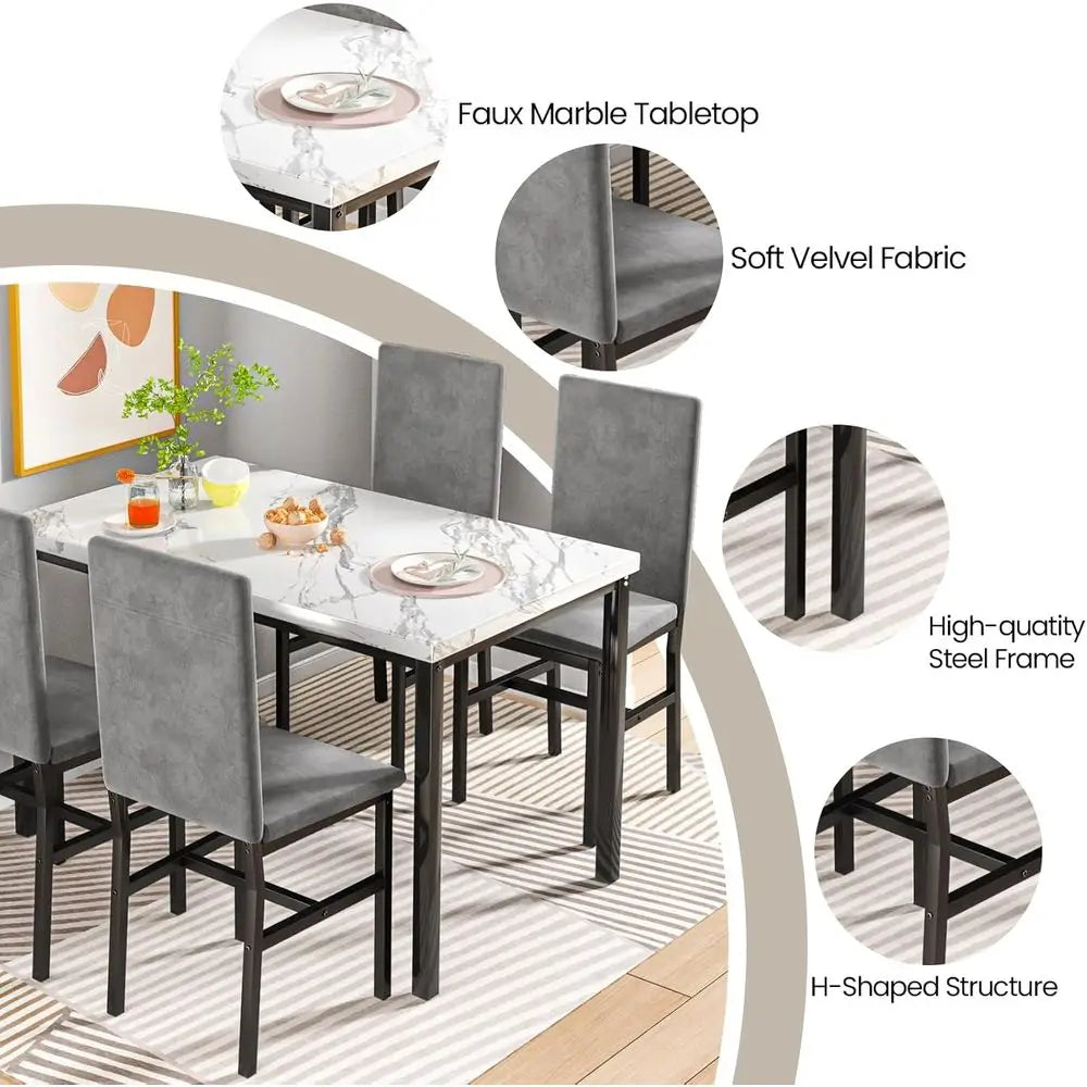 5-Piece Dining Table Set or 4 with aux Marble Top & Velvet Chairs, Space Saving ern Kitchen Table Set or Small Spaces, Aparents