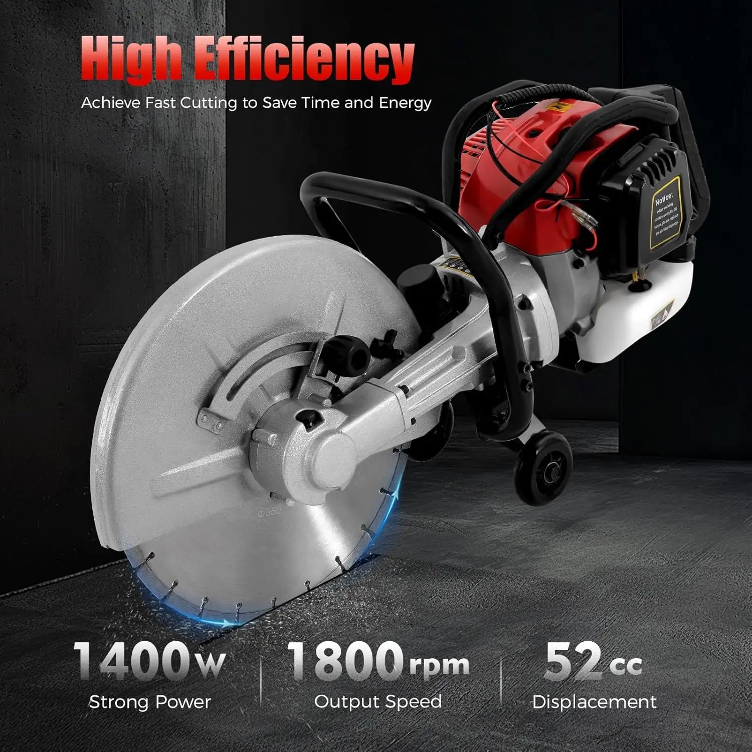 52CC 2-Stroke Gas Concrete Cut Off Saw 1400W Wet Dry Cutting Power Tool High Speed 1800RPM Ergonomic Design