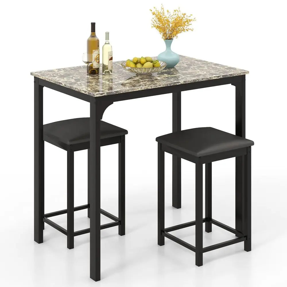 3Piece Dining Table Set for 2, Kitchen Counter Height Table and Chairs Set with Faux Marble Tabletop, Padded Stools, Modern Bar