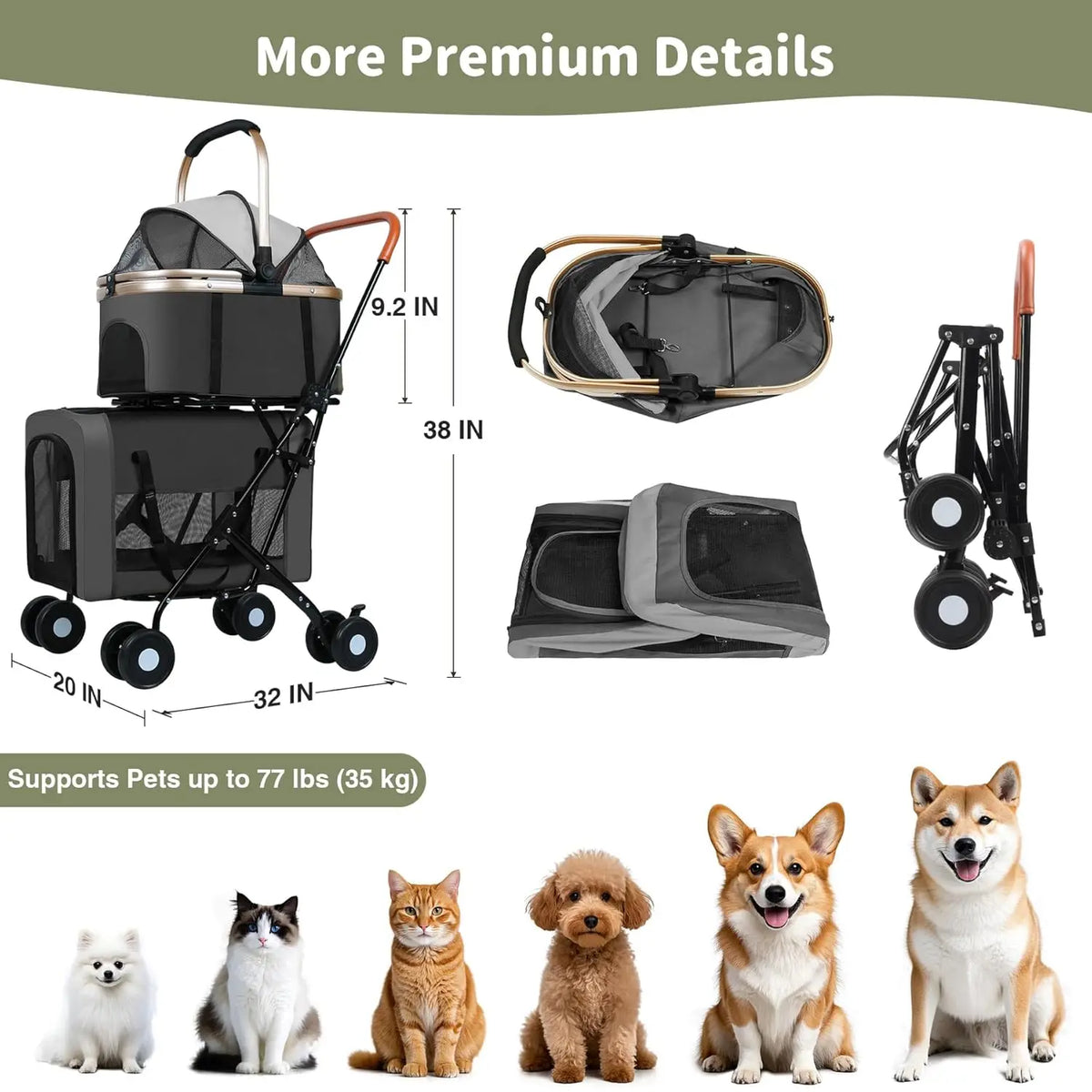 Foldable Double Pet Stroller for Dogs & Cats with Detachable Carriers, Safety Belts, 4 Lockable Wheels - Ideal Multi-Pet Home