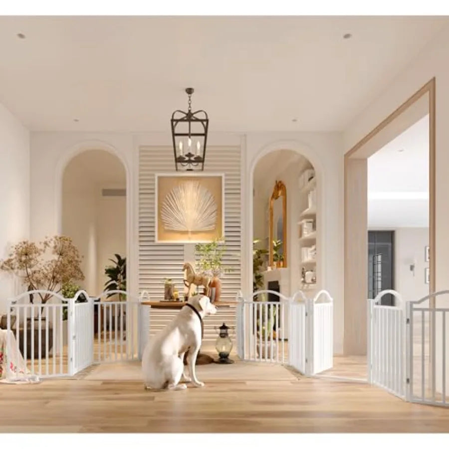 Freestanding Dog Gate with Door Walk Through 144 Extra Wide 32 Extra Tall Metal Pet Gate Accordion Puppy Folding Playpen Indoor